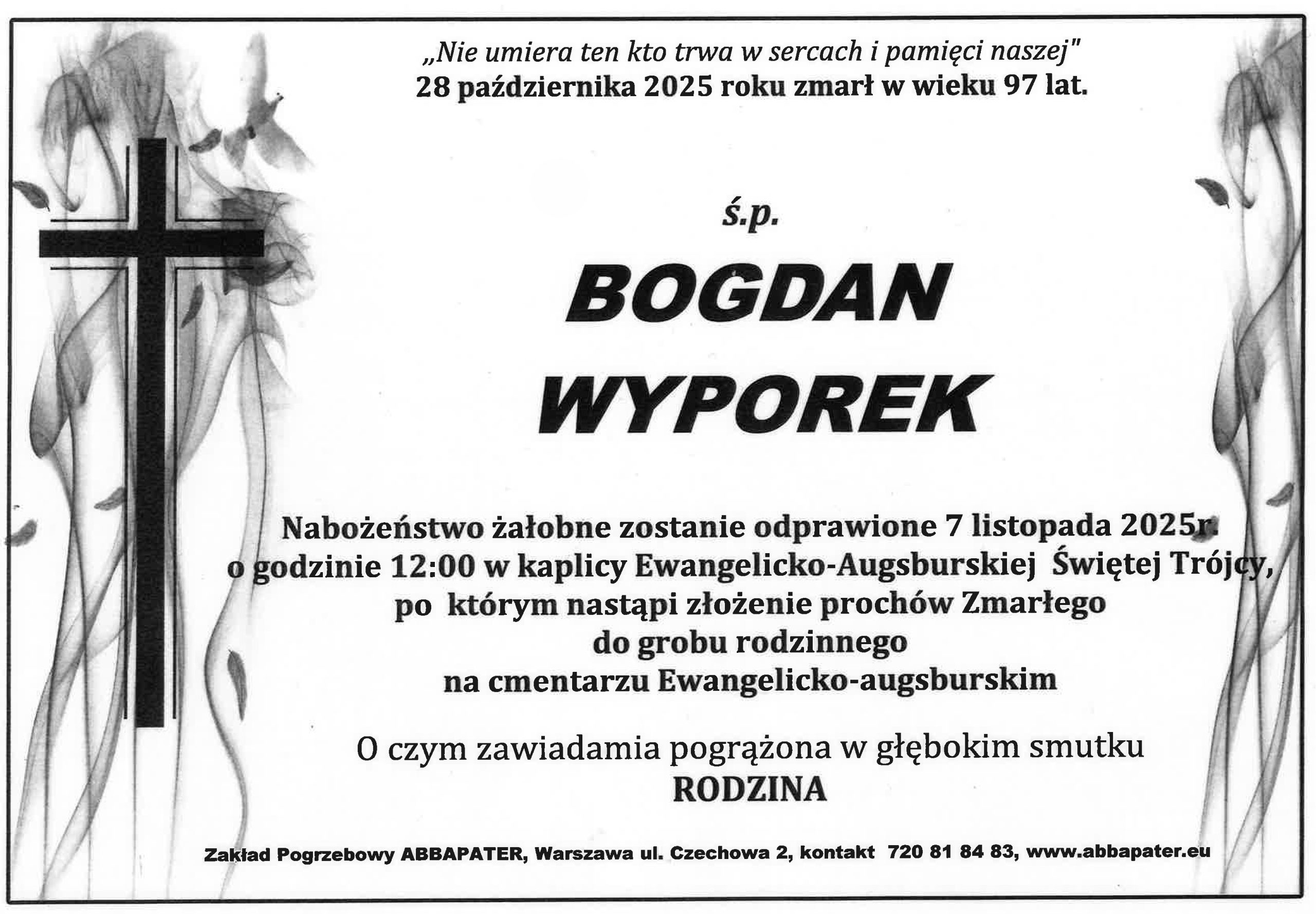 You are currently viewing Zawiadomienie o uroczystości pogrzebowej śp. Bogdana Wyporka
